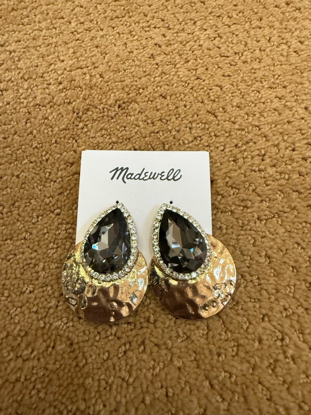 Madewell Gold Hammered Disc Earrings with Smoke Teardrop Crystals